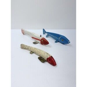 3 Vintage Old Hand Carved Painted Wood Fish Spearing Decoy Signed RJS 43